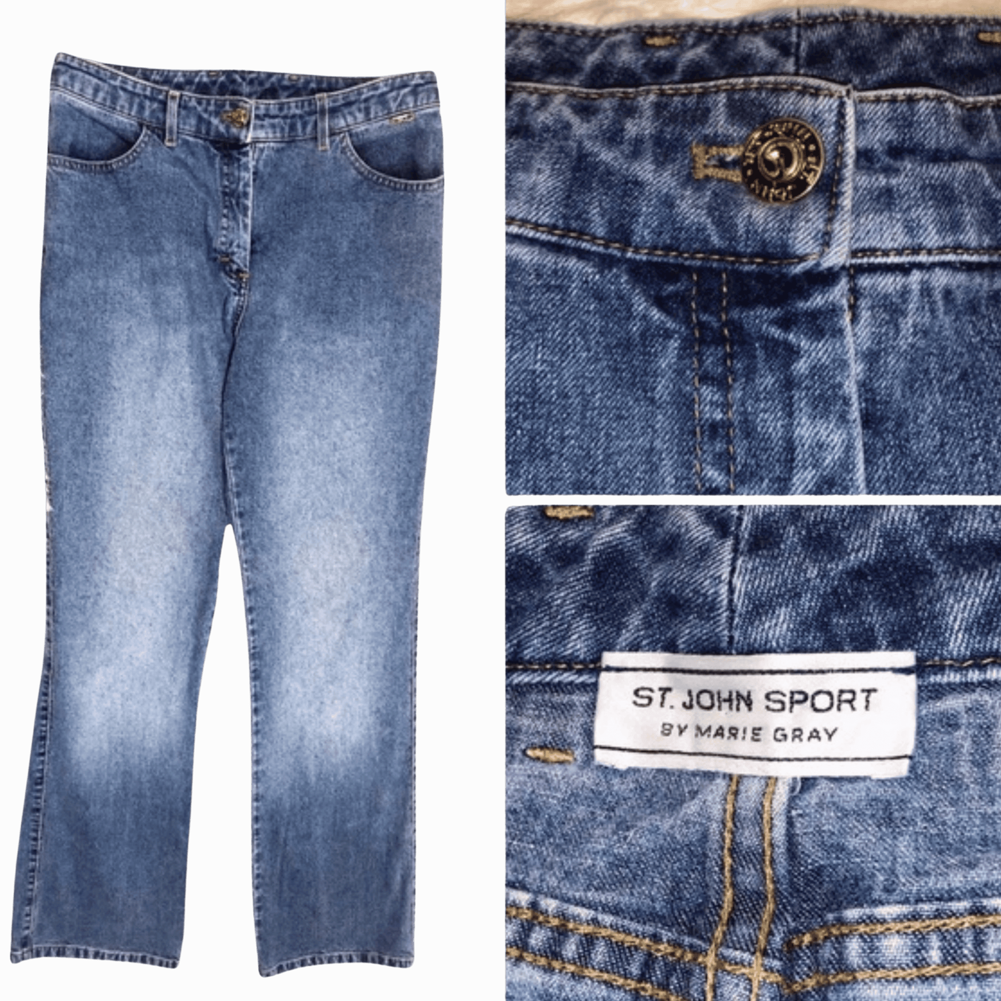 Blue jeans with a brand label on a gray background