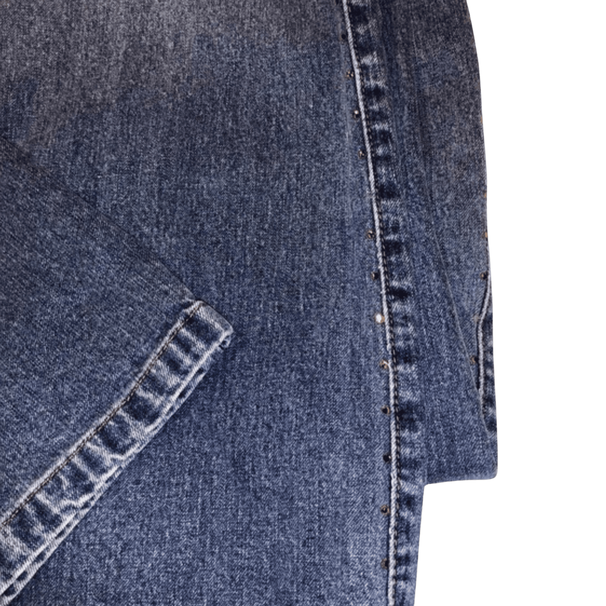 Close-up of blue denim fabric with stitching details on a transparent background