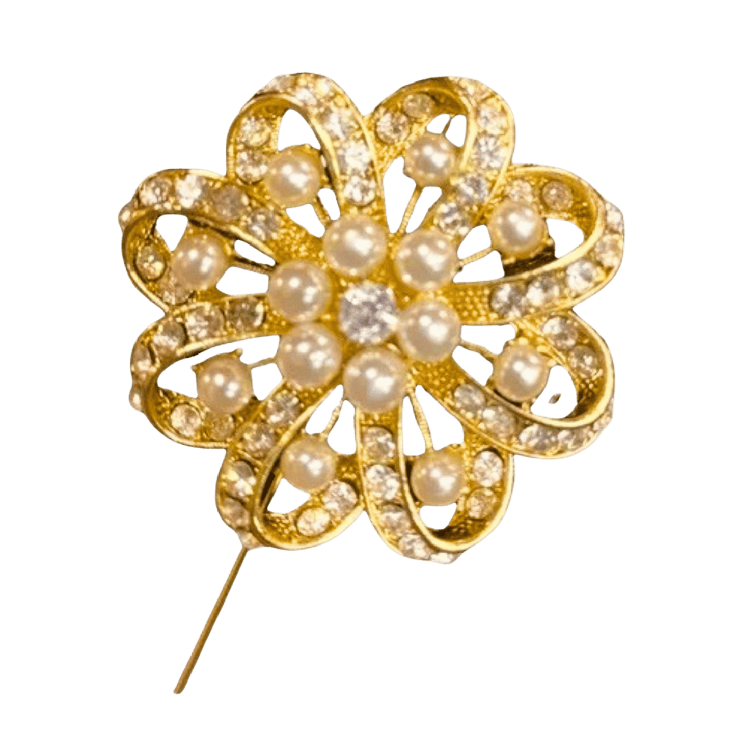 Gold brooch with pearl-like stones on a green background