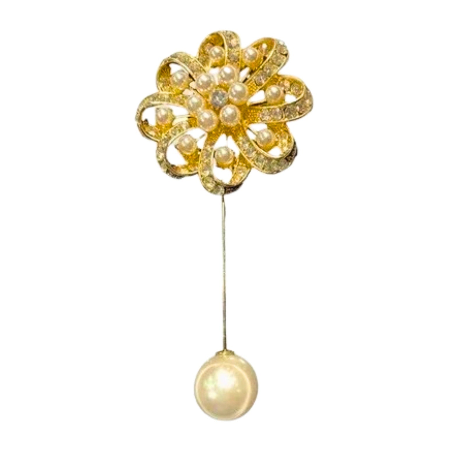 Gold brooch with pearl-like stones on a white background