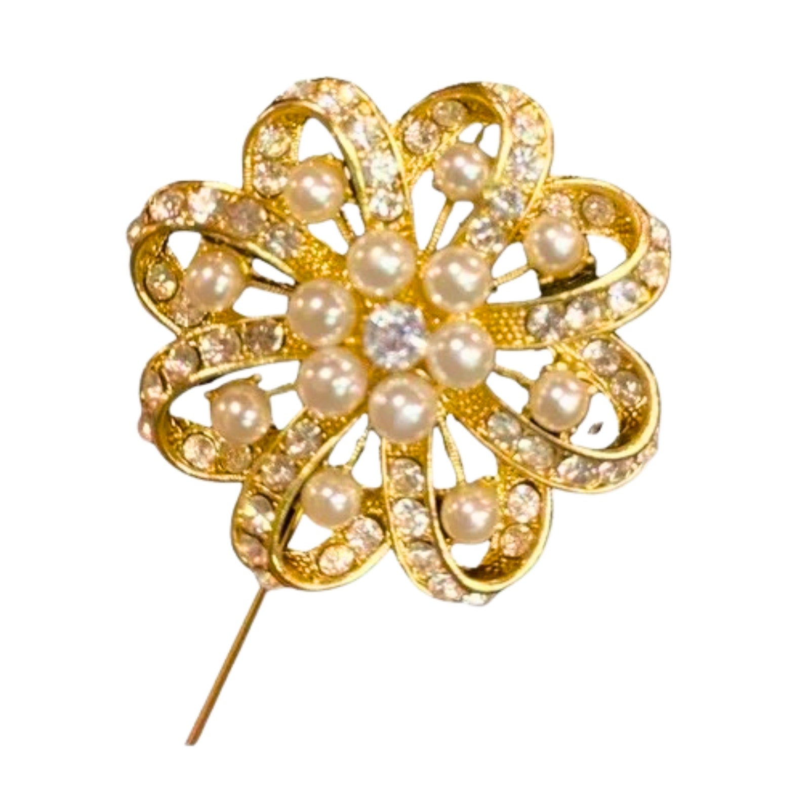 Gold brooch with pearls on a white background