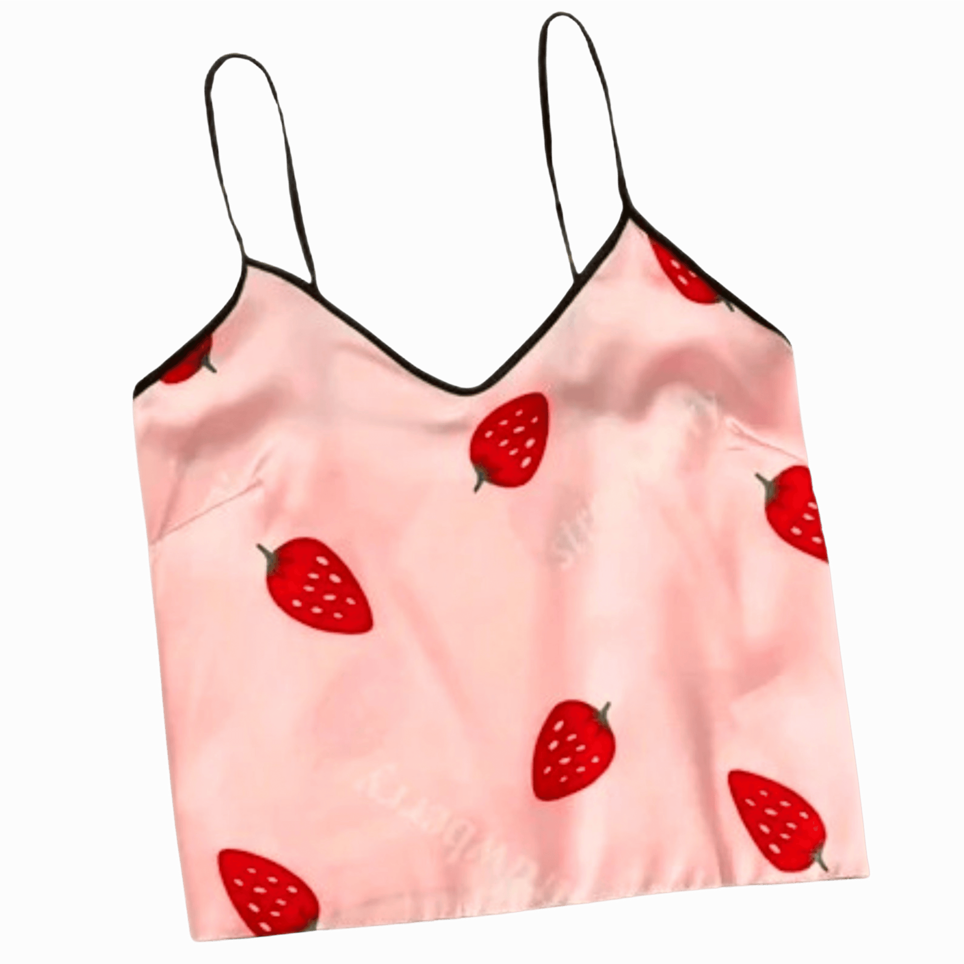 Pink top with red strawberry pattern on a gray background