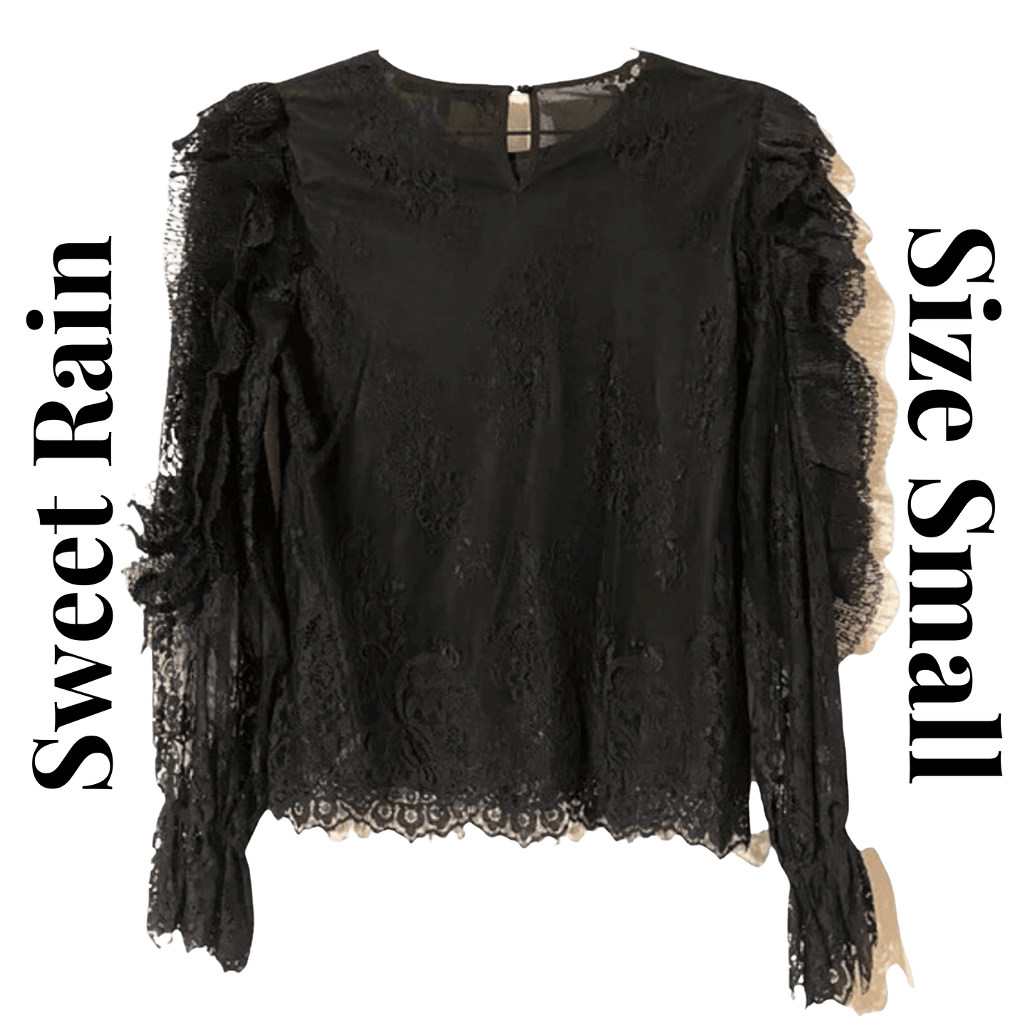 Black lace top with ruffled sleeves on a transparent background, labeled 'Sweet Rain' and 'Size Small'.