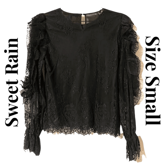 Black lace top with ruffled sleeves on a transparent background, labeled 'Sweet Rain' and 'Size Small'.
