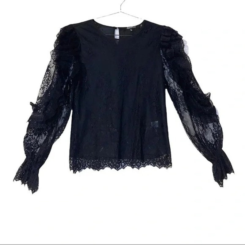 Sweet Rain Women’s Black Floral Lace Ruffle Long Sleeve Top Blouse Shirt Small