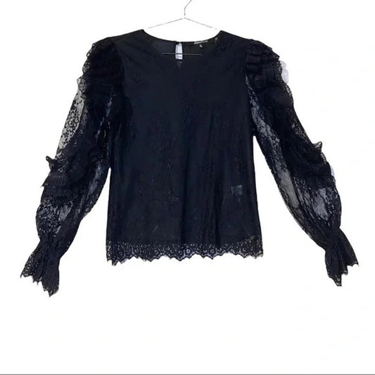 Sweet Rain Women’s Black Floral Lace Ruffle Long Sleeve Top Blouse Shirt Small