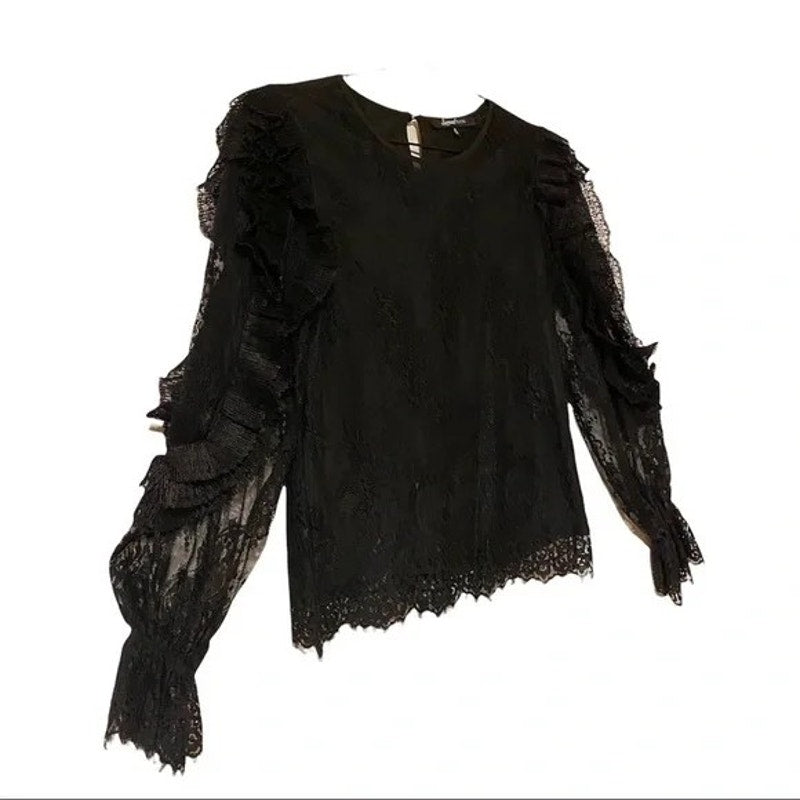 Sweet Rain Women’s Black Floral Lace Ruffle Long Sleeve Top Blouse Shirt Small