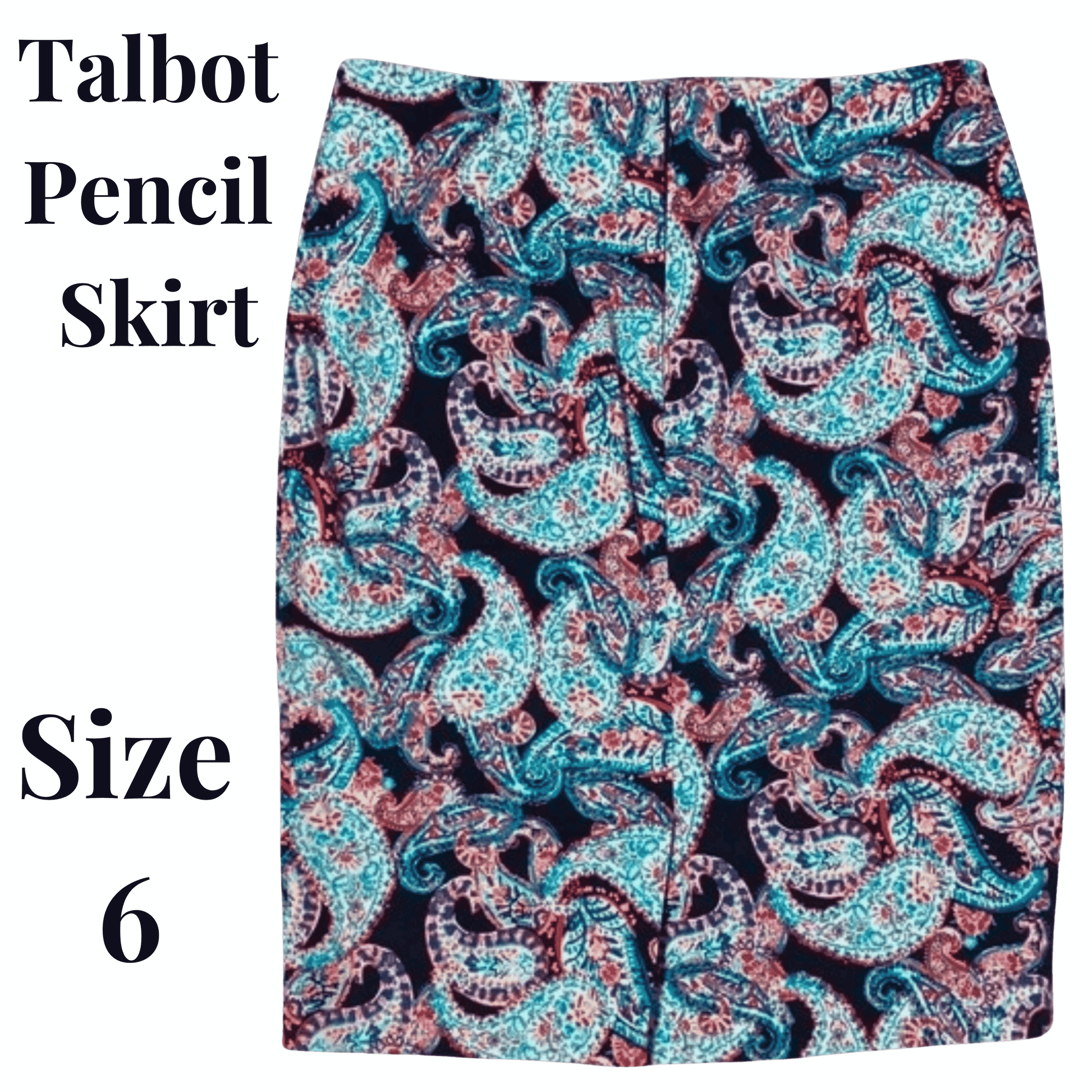 Talbot pencil skirt with paisley pattern on a light blue background