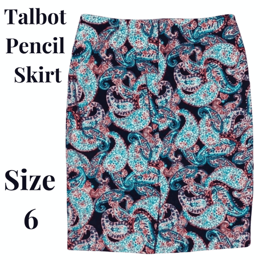 Talbot pencil skirt with paisley pattern on a light blue background