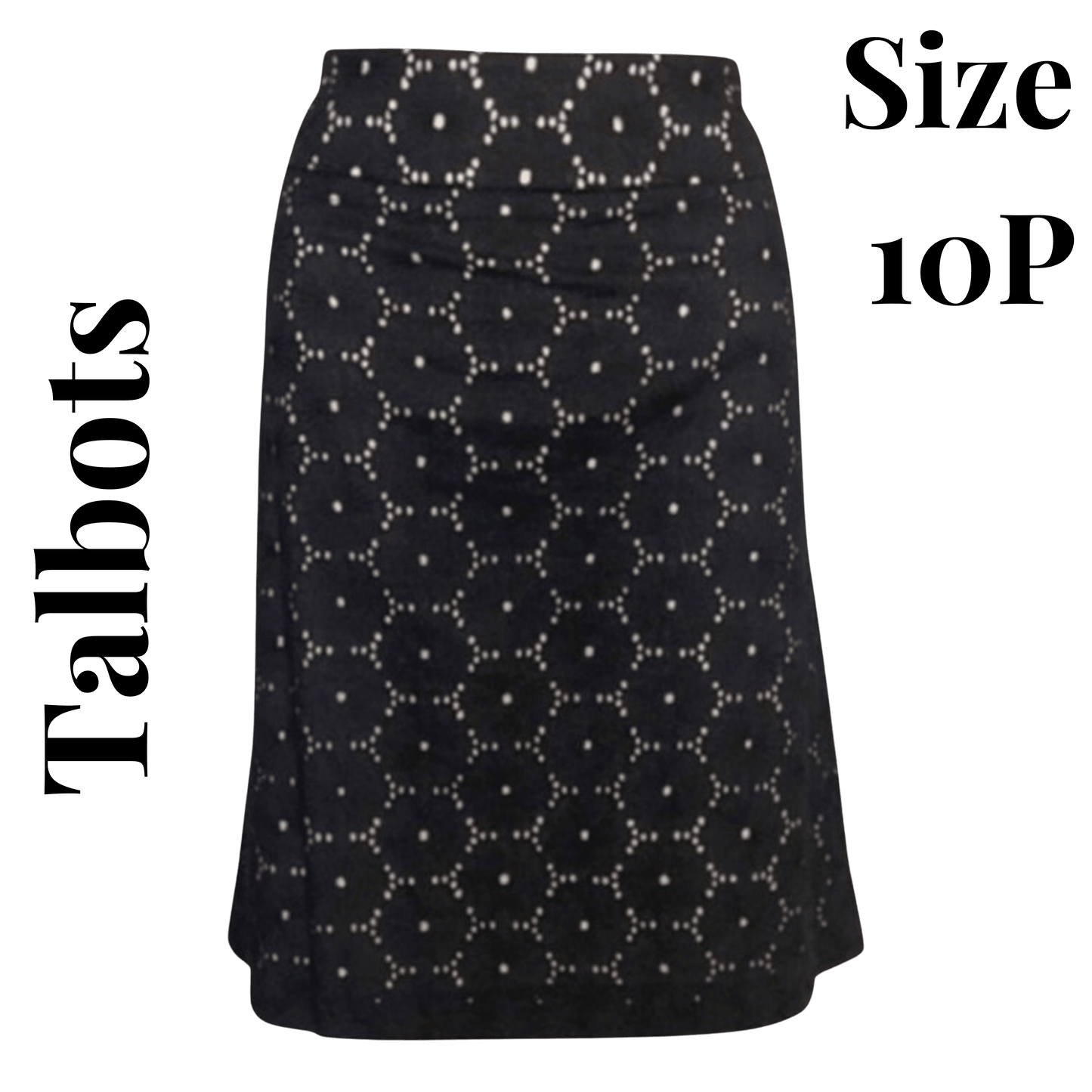 Black patterned skirt with 'Talbots' branding and size '10P' text on a green background