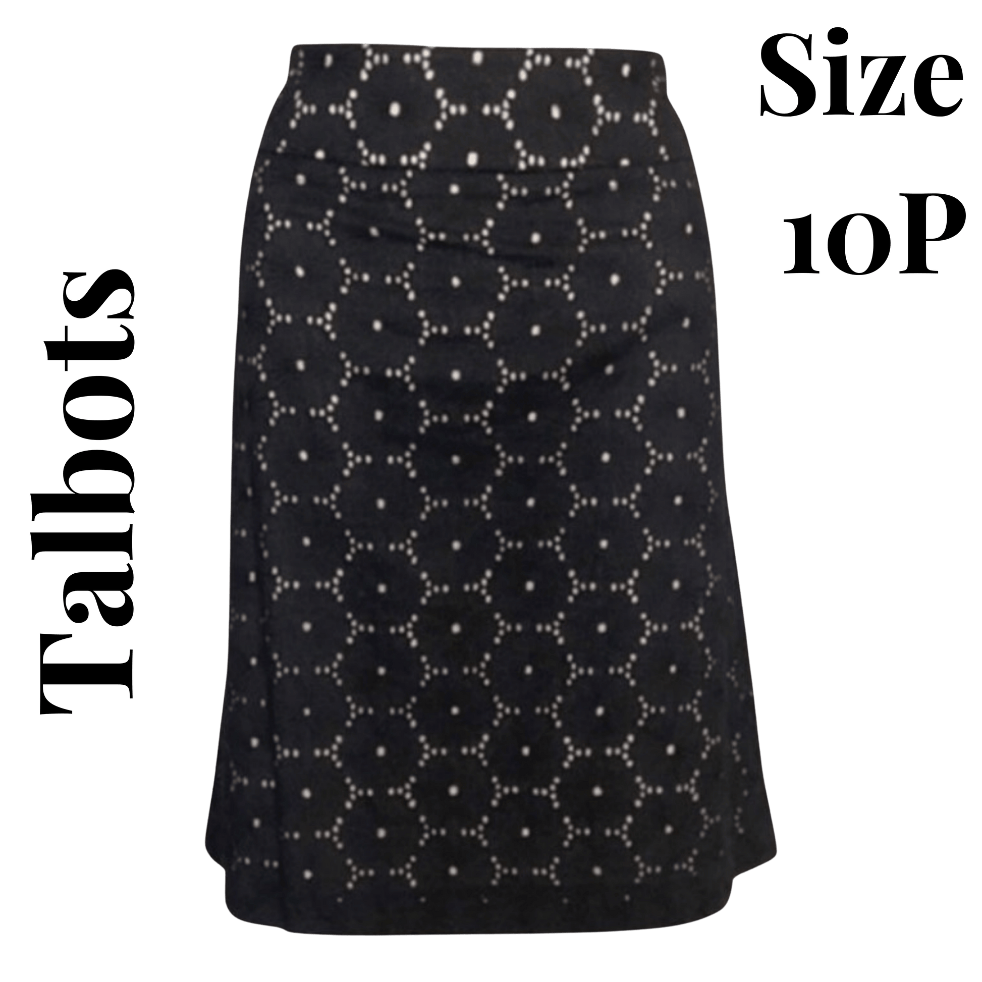 Black patterned skirt with 'Talbots' branding and size '10P' text on a green background