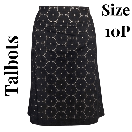 Black patterned skirt with 'Talbots' branding and size '10P' text on a green background