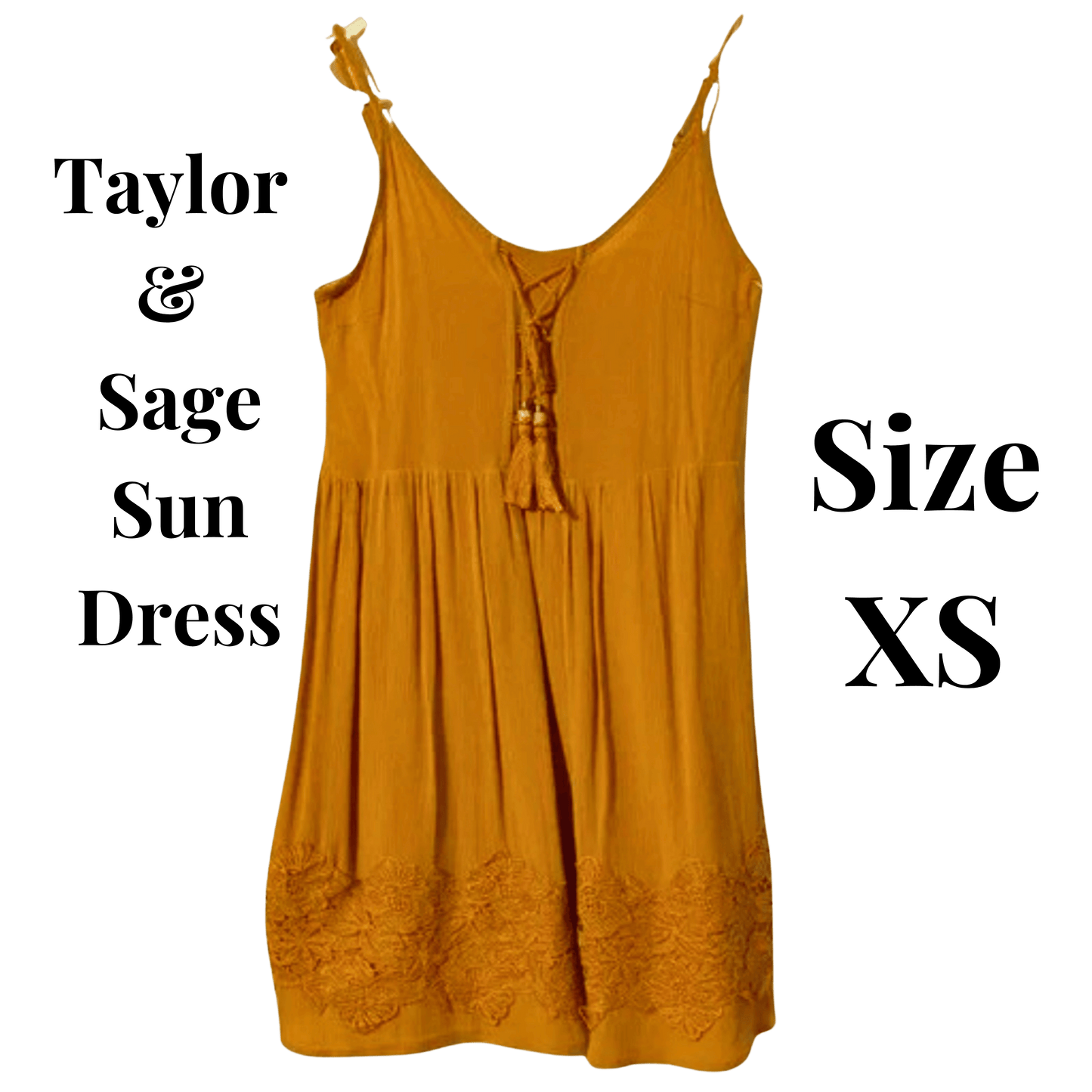Yellow sun dress with 'Taylor & Sage' branding and size 'XS' text on a green background