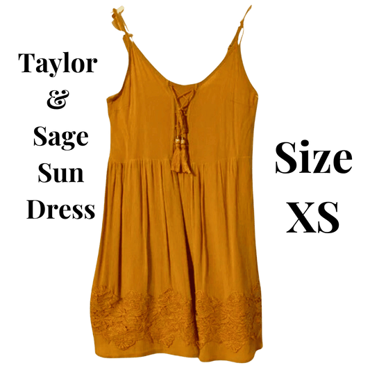 Yellow sun dress with 'Taylor & Sage' branding and size 'XS' text on a green background