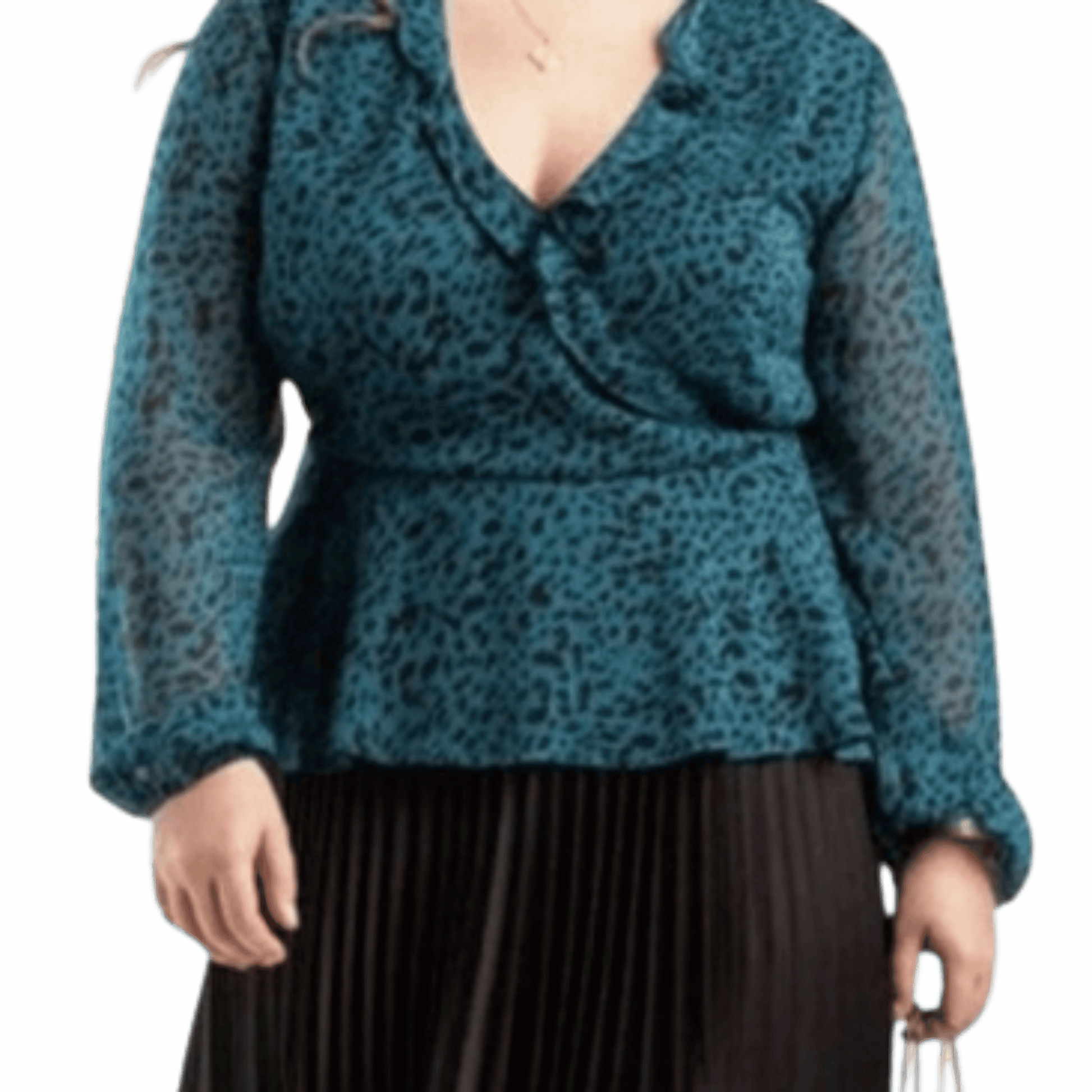 Teal patterned blouse worn by a person on a gray background