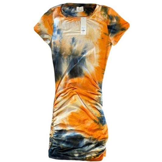 Tie-dye t-shirt dress with orange, black, and white pattern on a white background