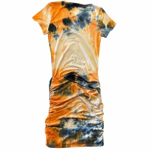 Tie-dye dress with orange, blue, and black pattern on a white background
