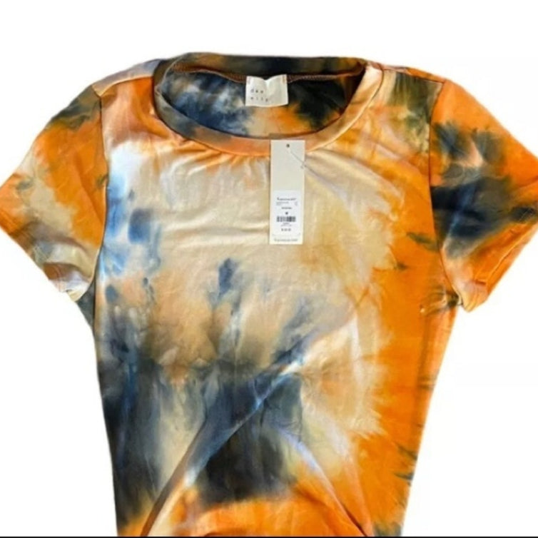 Tie-dye t-shirt with orange, blue, and white colors on a white background