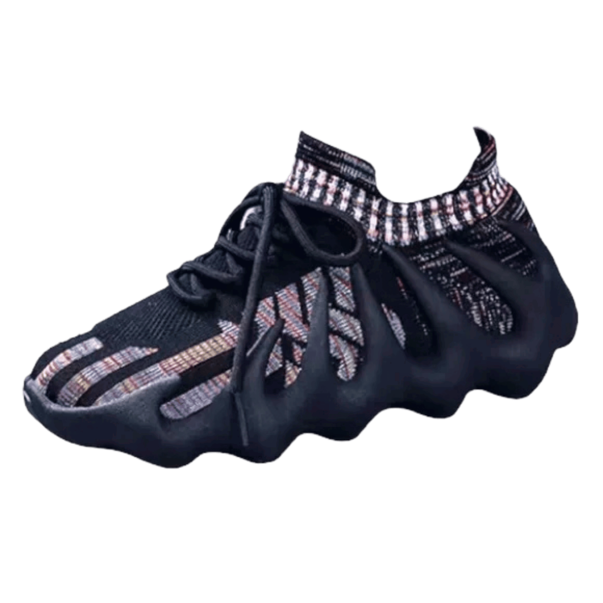 Black sandal with checkered trim on a transparent background