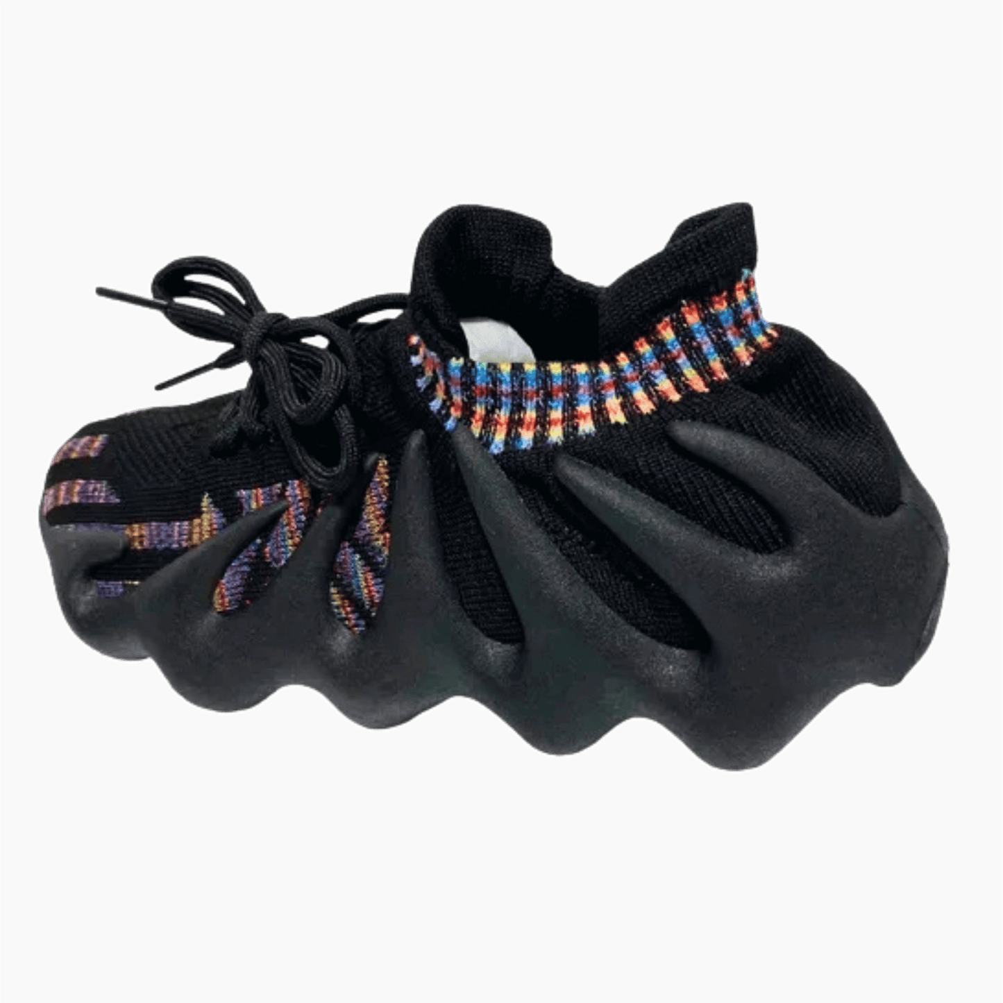 Black baby shoes with colorful beaded details on a gray background