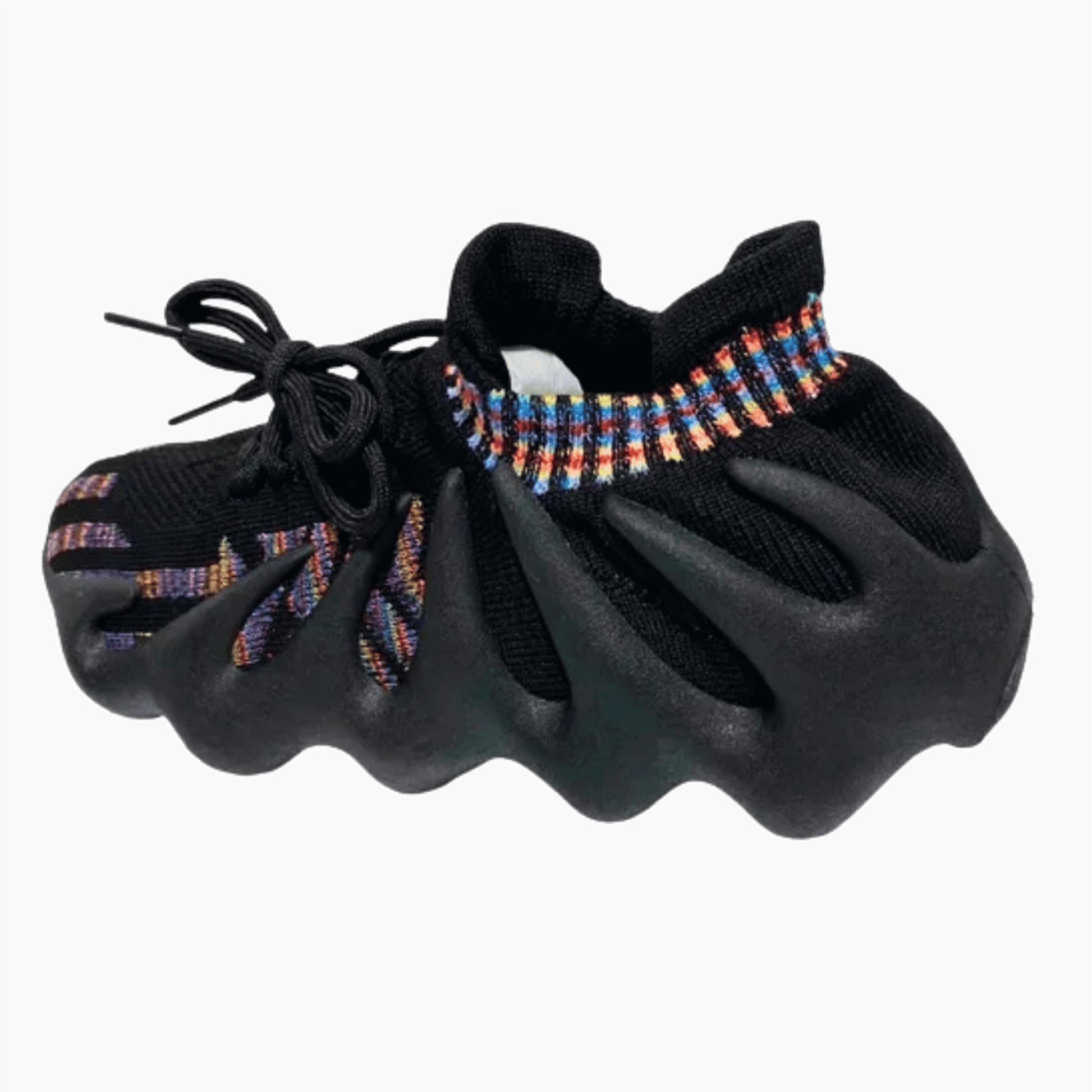 Black baby shoes with colorful beaded details on a gray background
