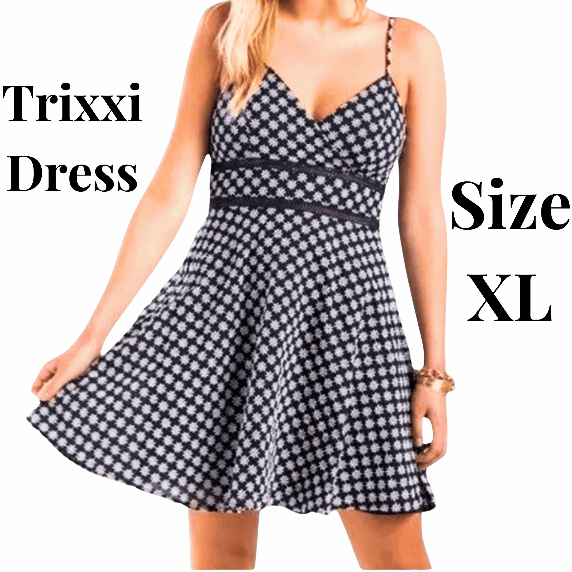 Woman wearing a black and white checkered dress with 'Trixxi Dress' and 'Size XL' text on a gray background.