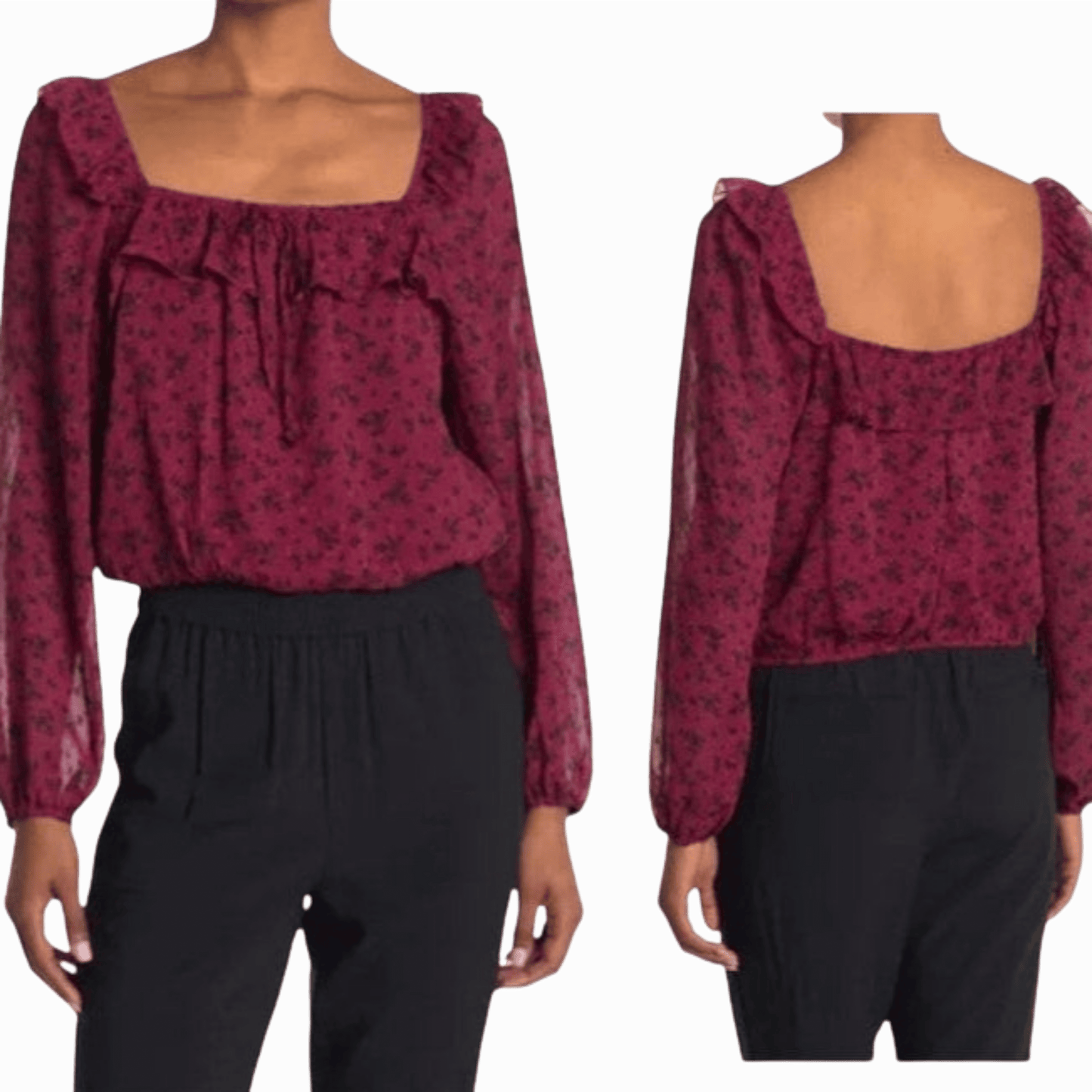 Red floral blouse with long sleeves and a square neckline worn by a person on a gray background.