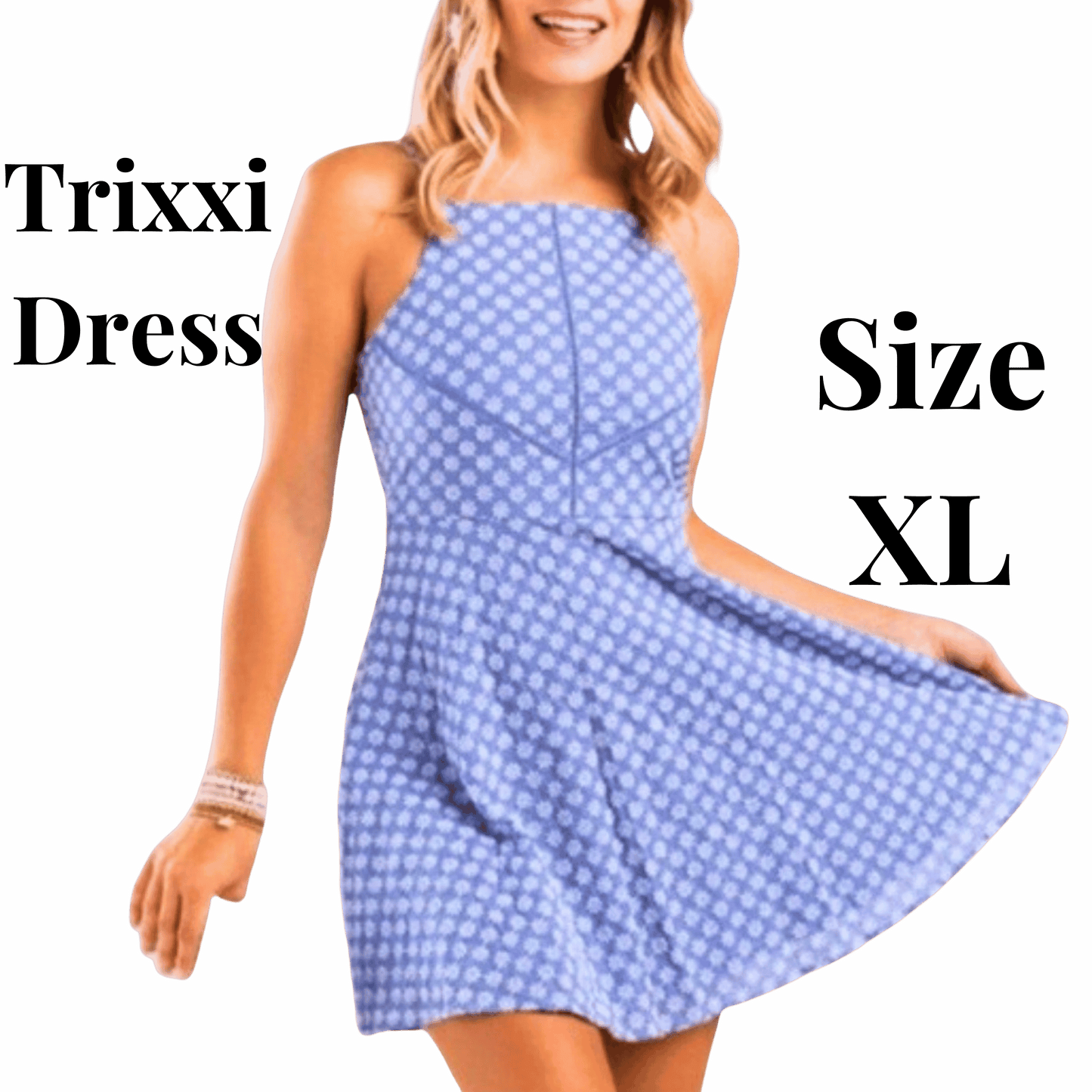 Woman wearing a blue checkered dress with text indicating 'Trixxi Dress' and 'Size XL' on a turquoise background.