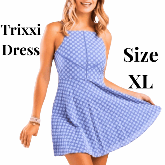 Woman wearing a blue checkered dress with text indicating 'Trixxi Dress' and 'Size XL' on a turquoise background.