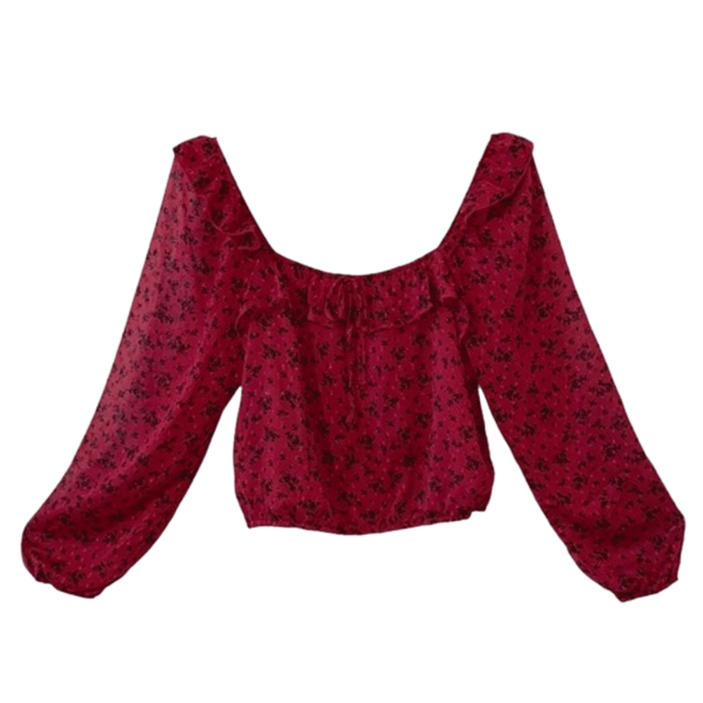 Red floral blouse with long sleeves on a transparent background
