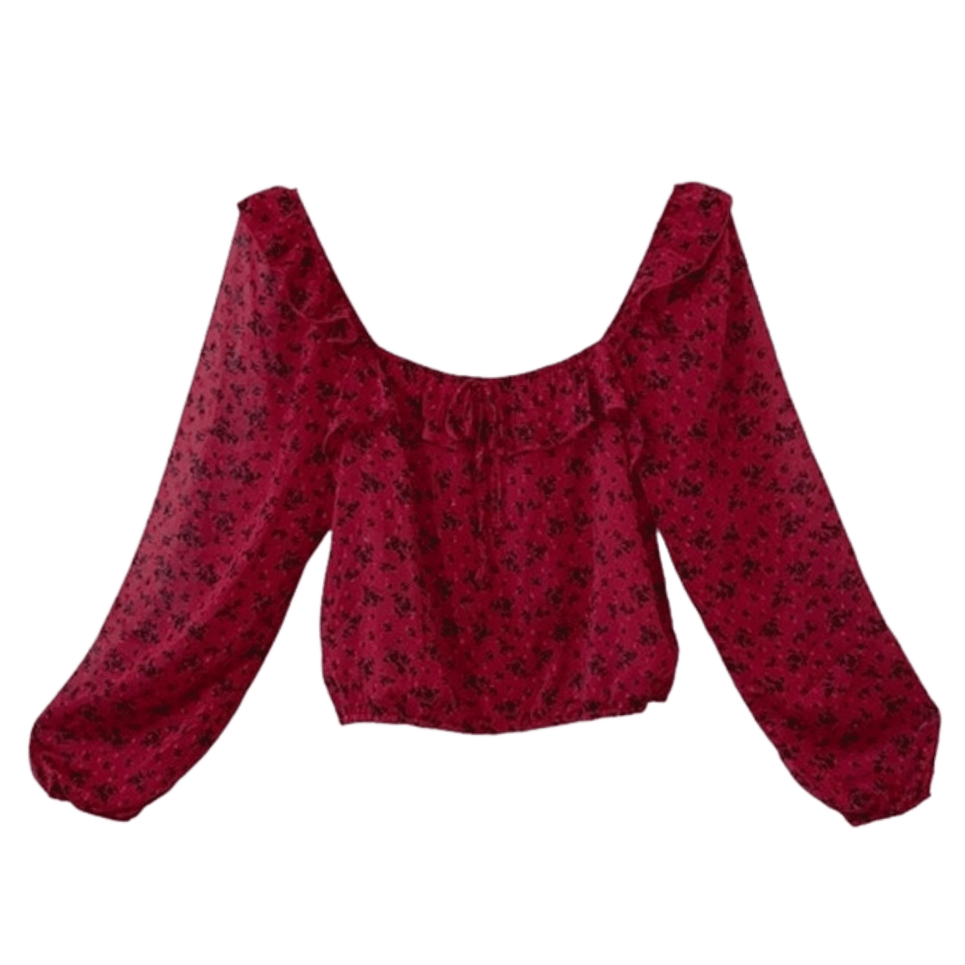 Red floral blouse with long sleeves on a transparent background