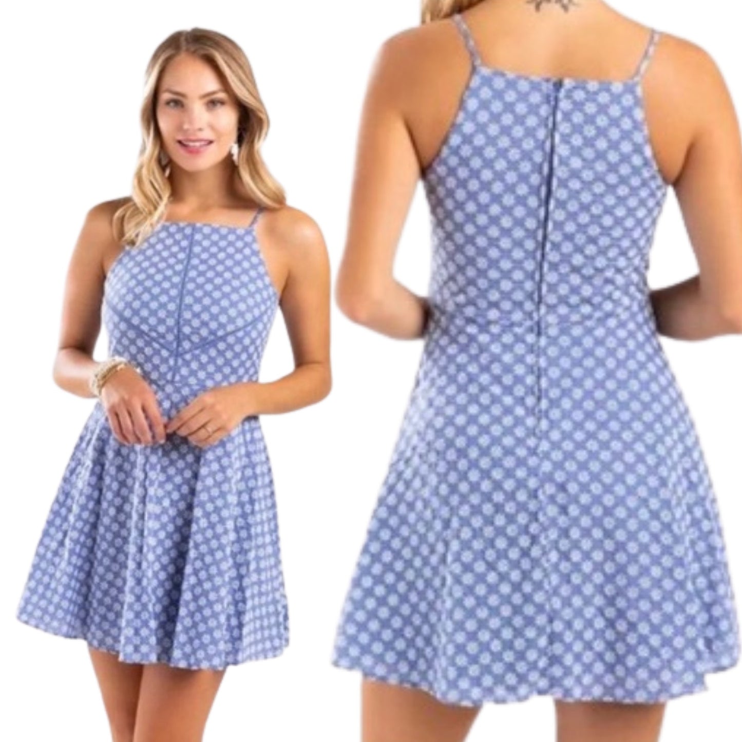 Woman wearing a blue patterned dress with close-up of the dress on a white background