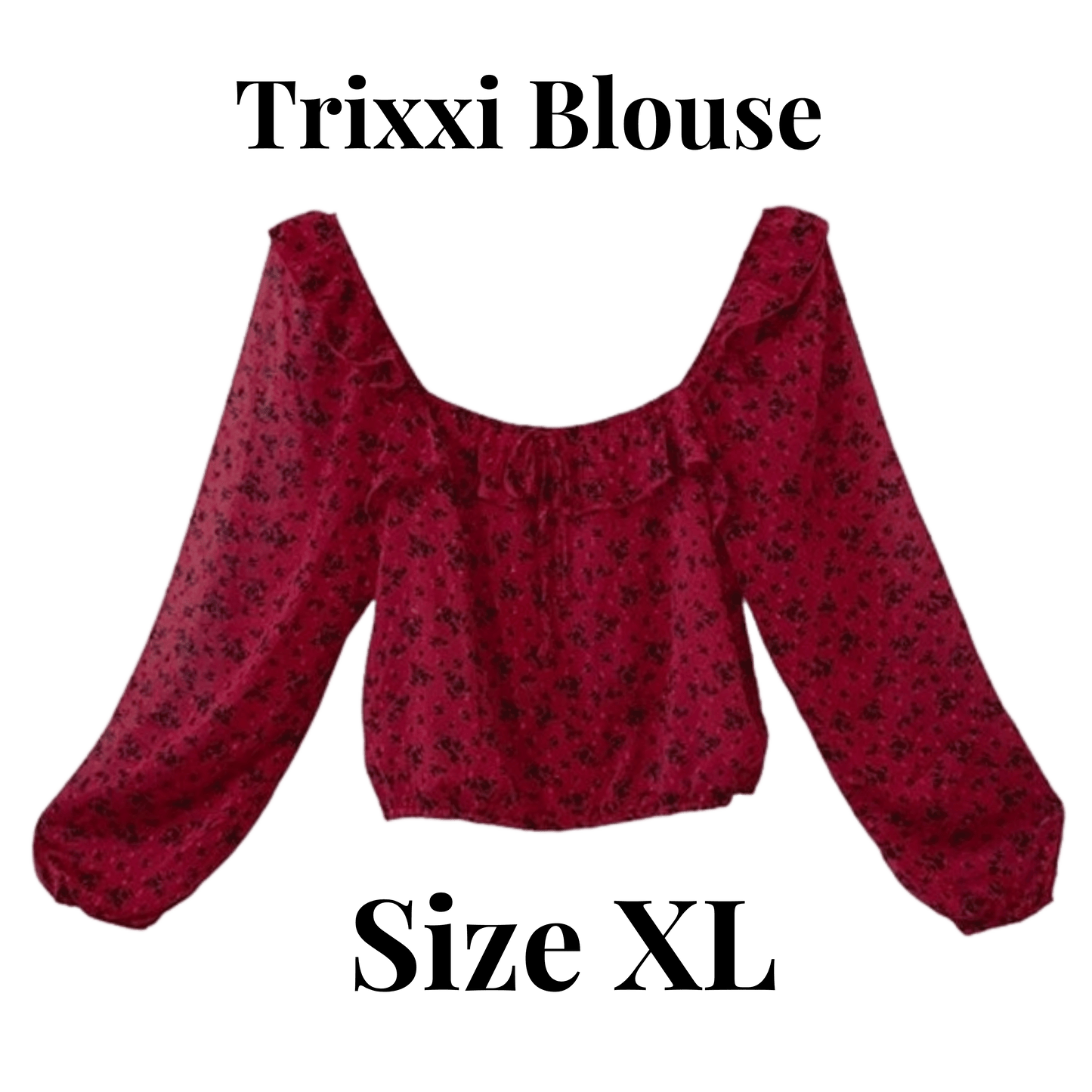Red blouse with black floral pattern on a green background, labeled 'Trixxi Blouse Size XL'.