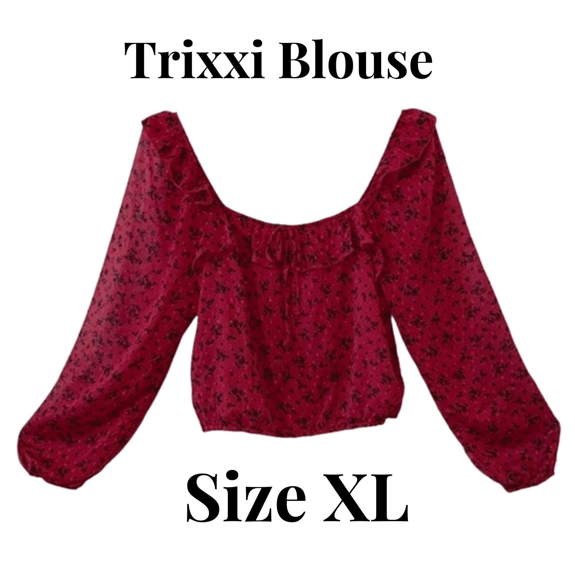 Red blouse with black floral pattern on a green background, labeled 'Trixxi Blouse Size XL'.