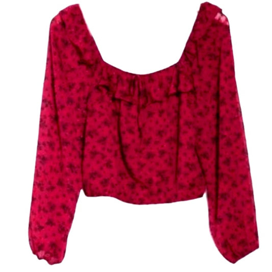 Red floral blouse with long sleeves on a white background