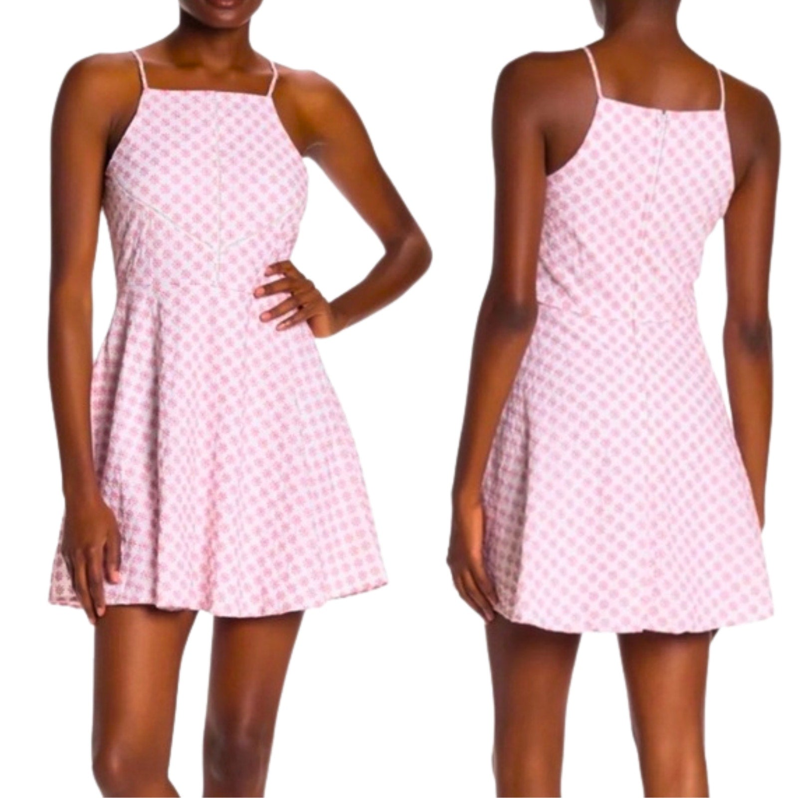 Pink checkered dress worn by a model on a white background