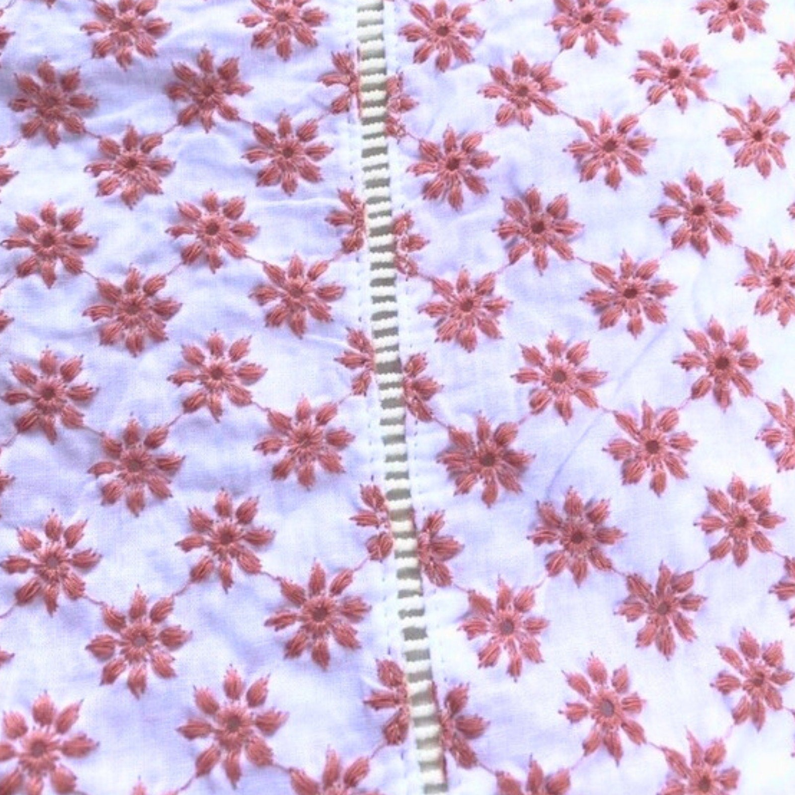 Close-up of floral-patterned fabric with a zipper running vertically.