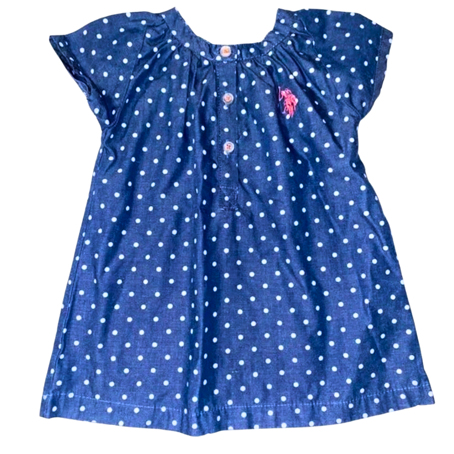 Blue polka dot dress with a small logo on a white background