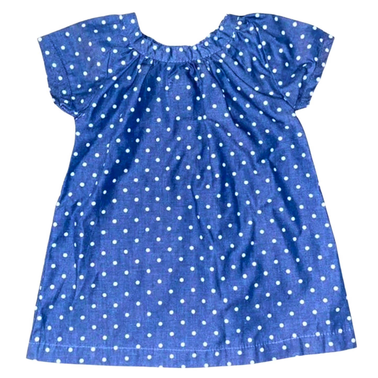 Blue dress with white polka dots on a white background