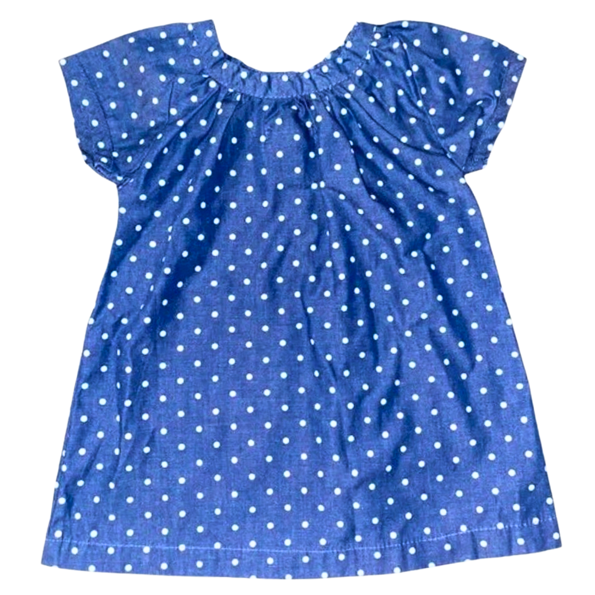 Blue dress with white polka dots on a white background