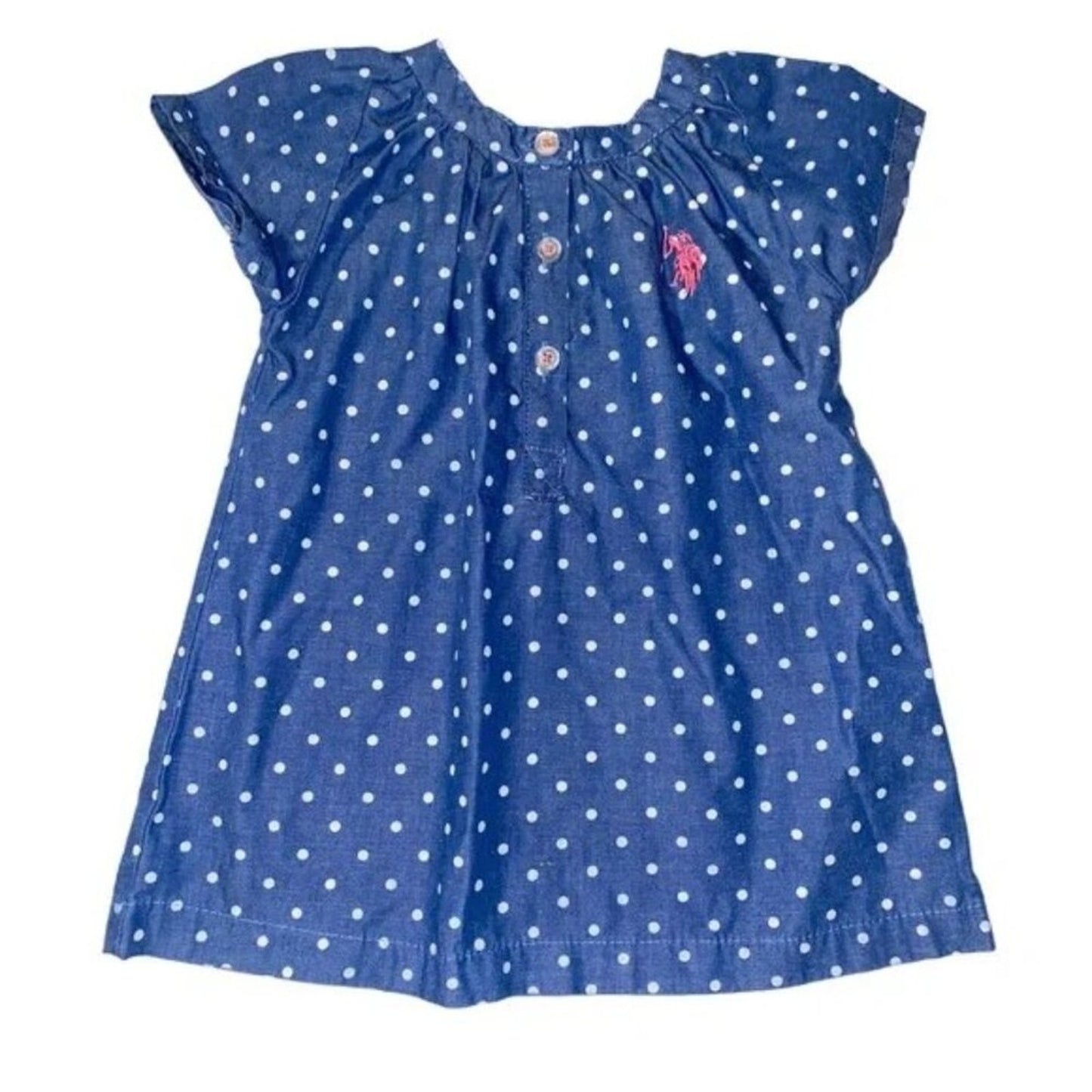 Blue polka dot dress with a brand logo on a white background