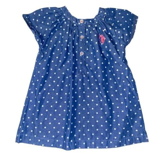 Blue polka dot dress with a brand logo on a white background