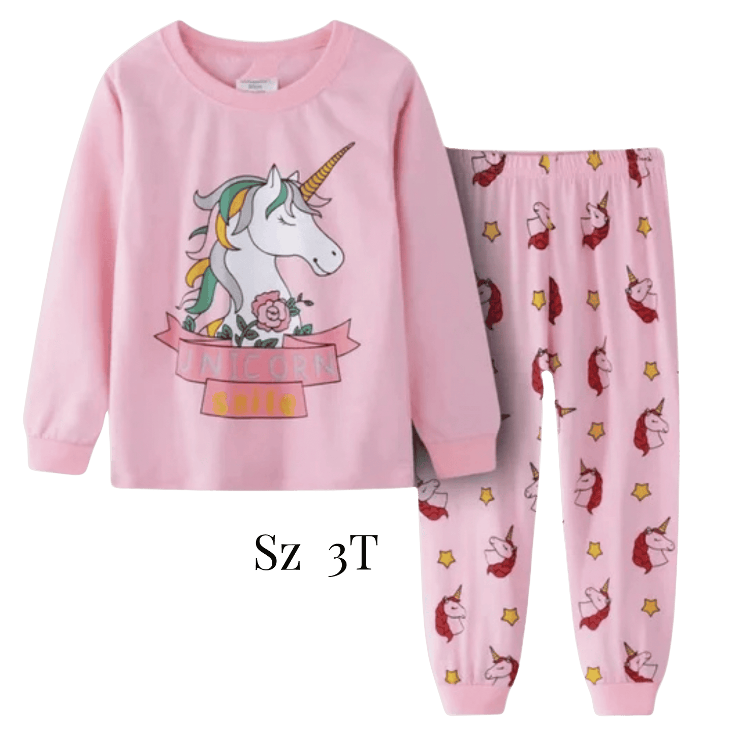 Pink children's pajama set with unicorn design on a transparent background