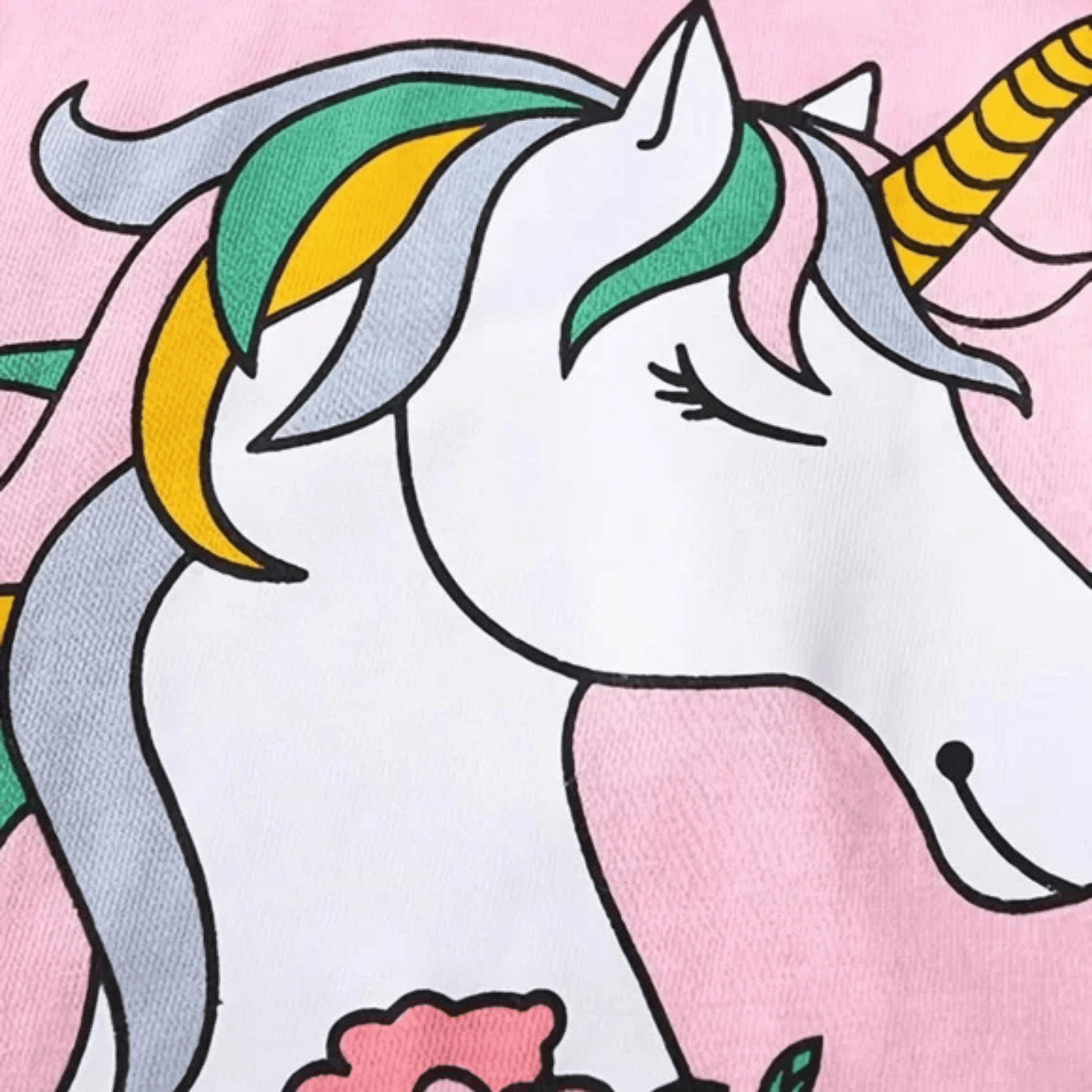 Cartoon unicorn with a colorful mane on a pink background