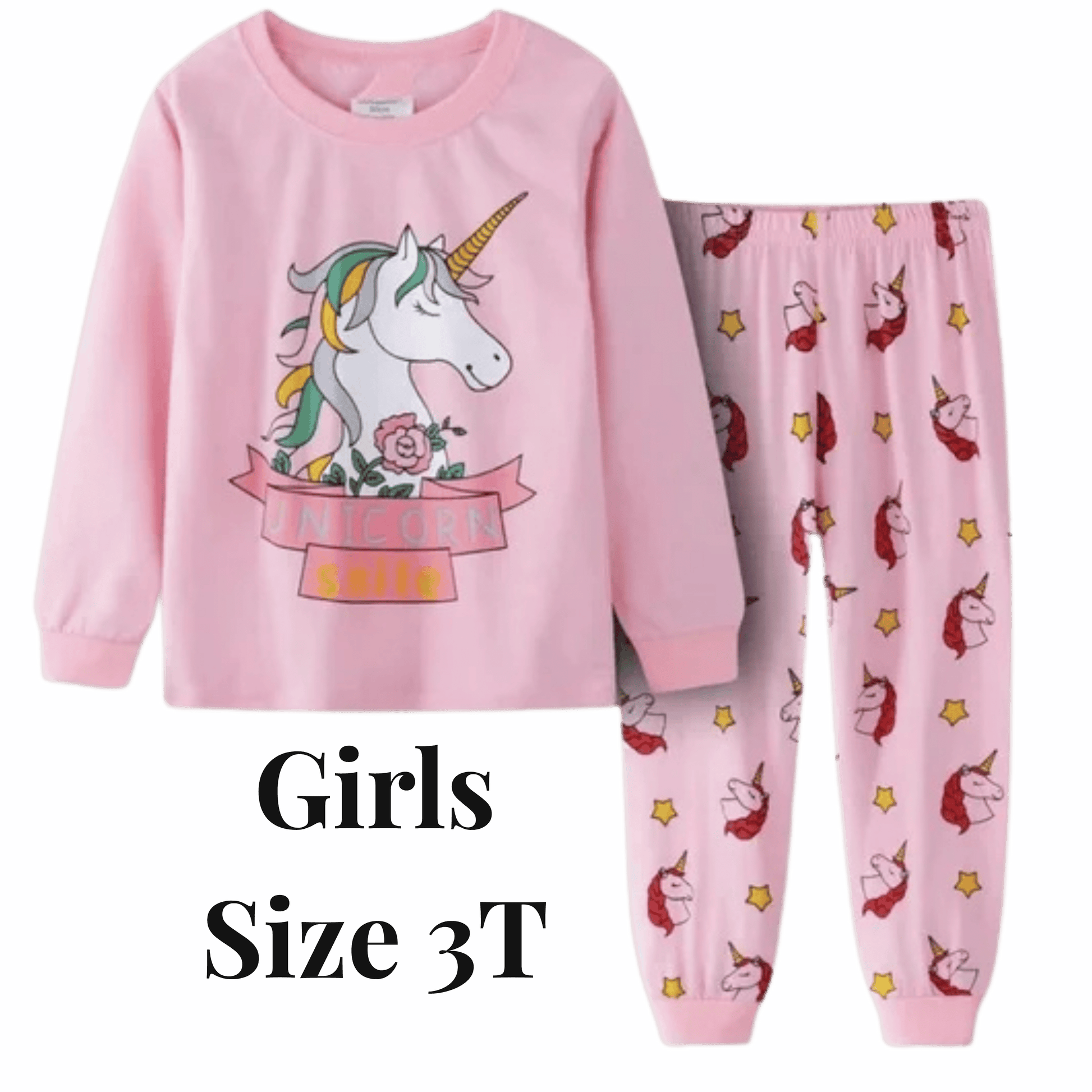 Pink unicorn-themed pajama set for girls with matching top and pants on a blue background.