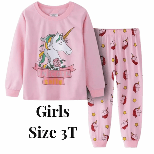 Pink unicorn-themed pajama set for girls with matching top and pants on a blue background.