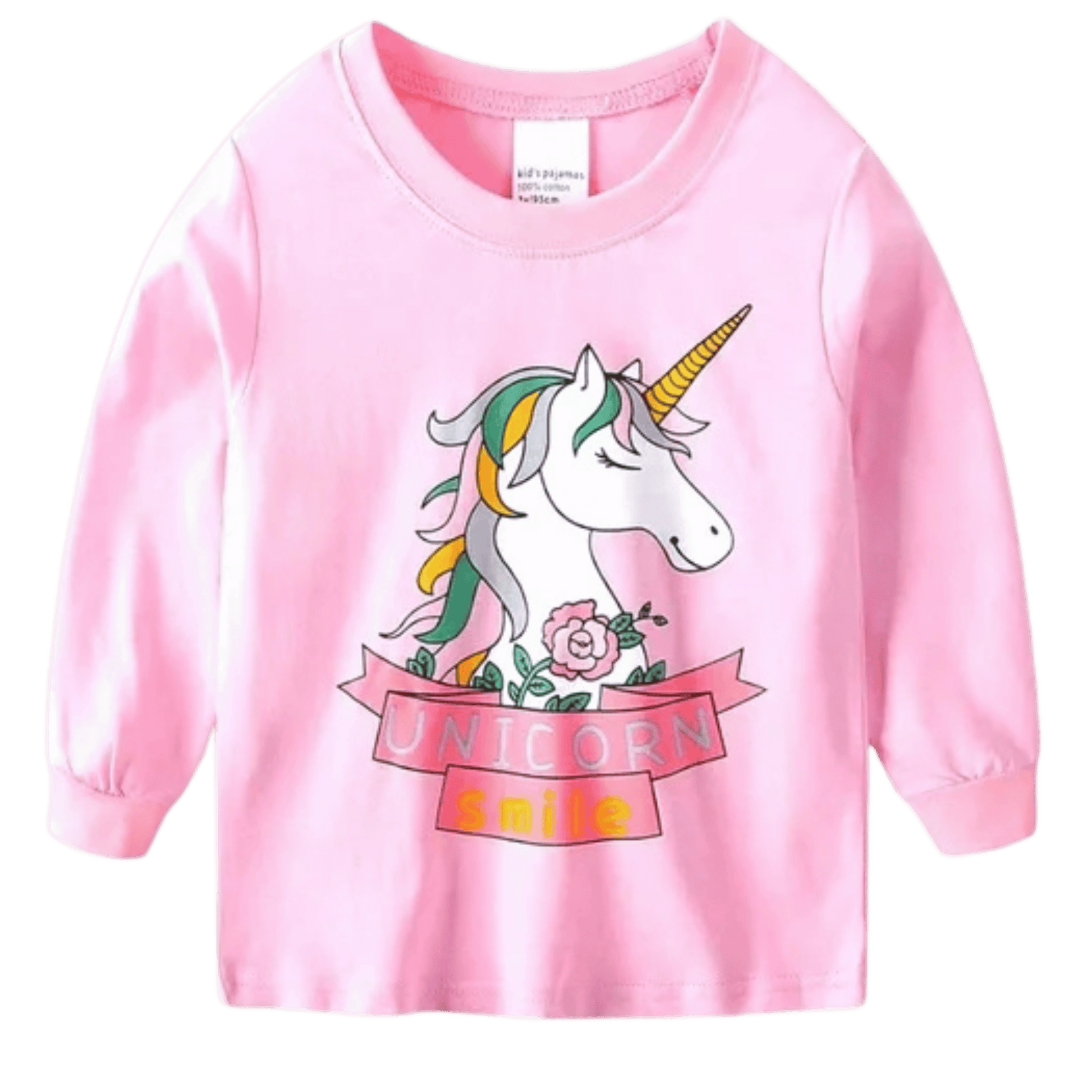 Pink children's shirt with a unicorn graphic on a transparent background