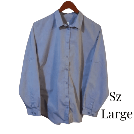Light blue shirt on a hanger with 'Sz Large' text