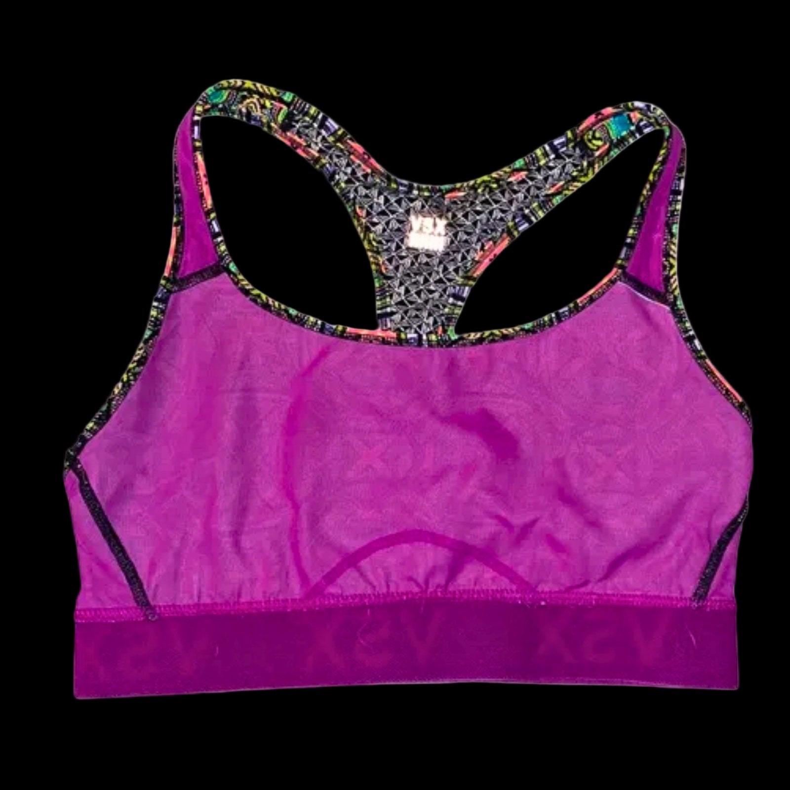 Purple sports bra with multicolor straps on a white background