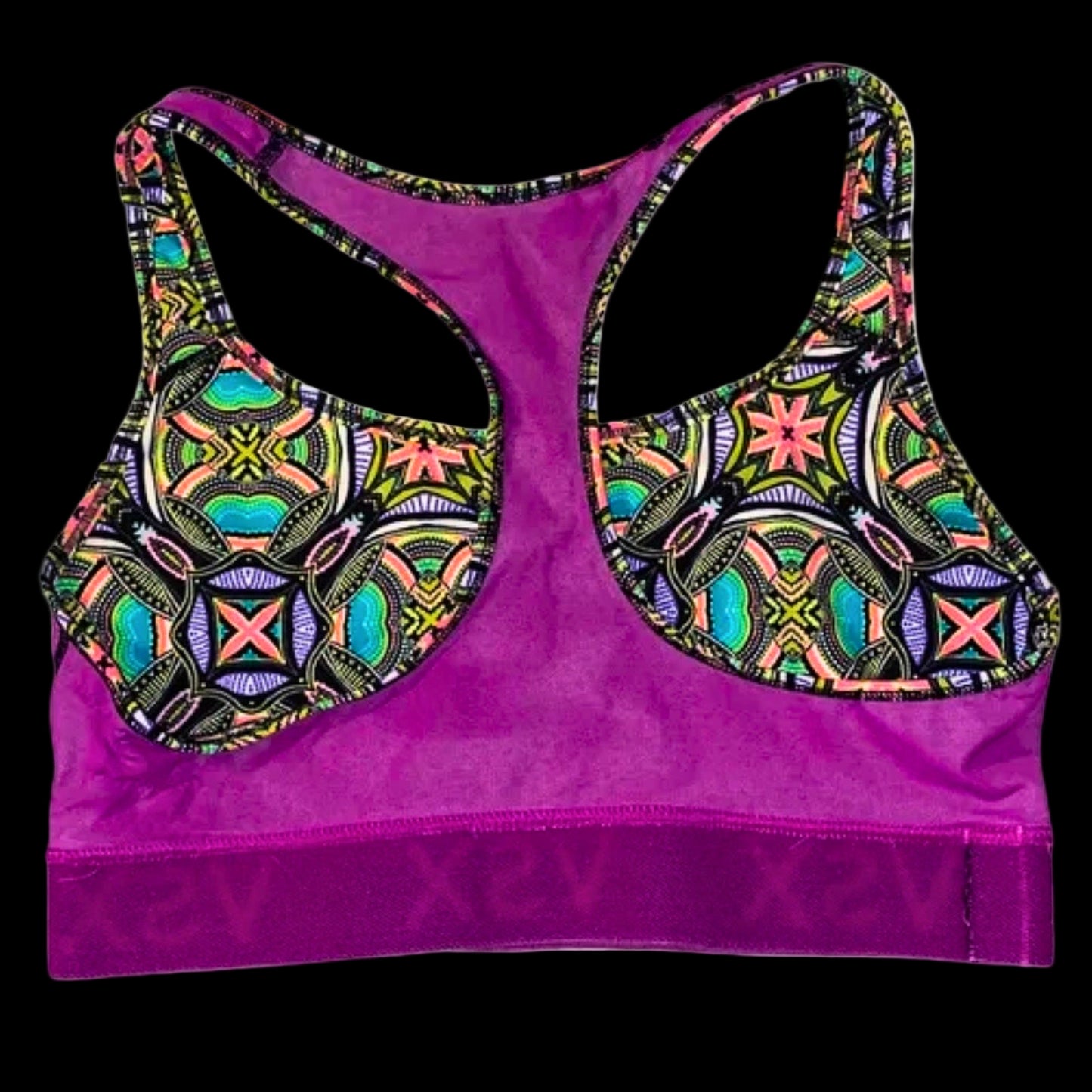 Purple sports bra with colorful pattern on a white background